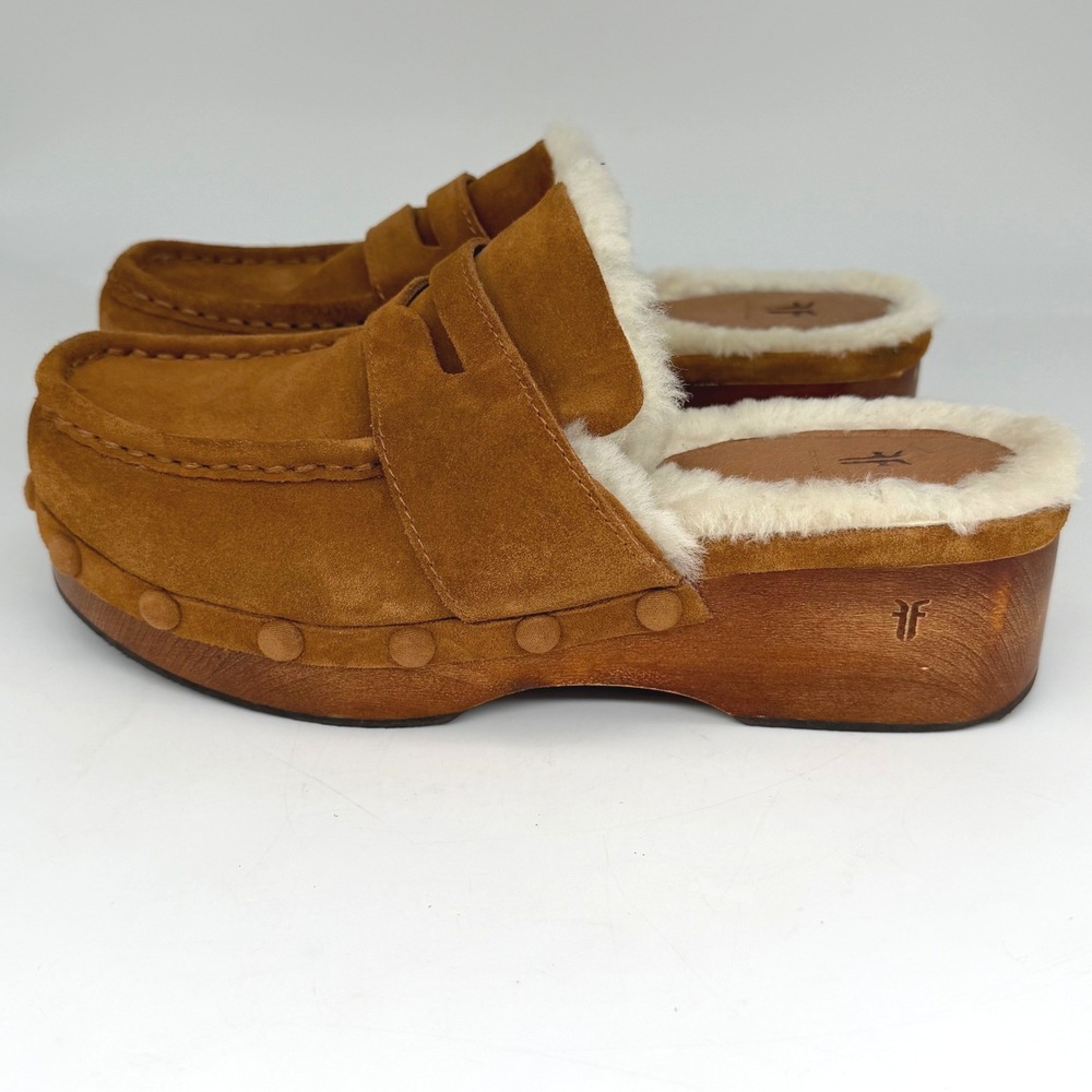 Frye Women Walnut Suede Shearling Lined Penny Loafer Clog Mules FR40043 Size 8M